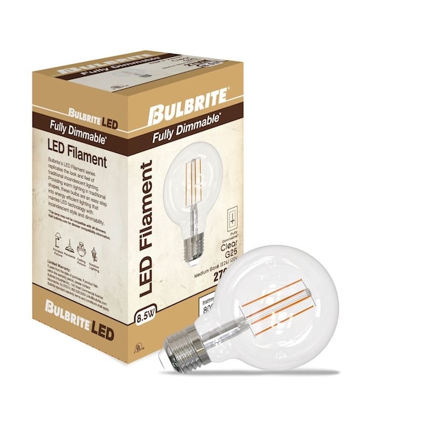 LED Filament 5W, Dimmable G25, Clear Glass, E26 Base, 2700K, 800 Lm, 4PK